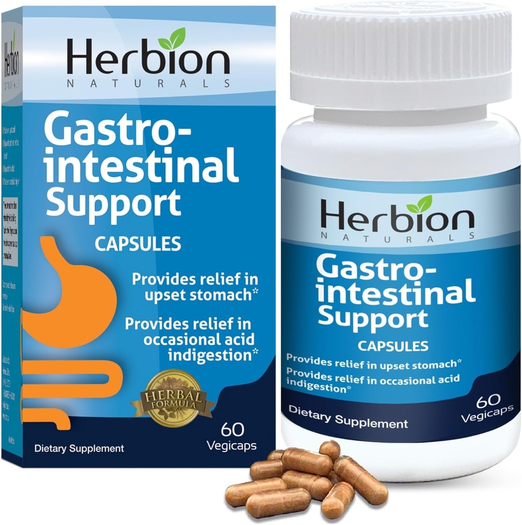 HERBIONの自然な胃腸サポート草のブレンドは支持の胃の救助、Gastrointestinalの健康および機能、機会の酸の消化器、健康な腸のFlora、60の計算、1のパックを詰めます