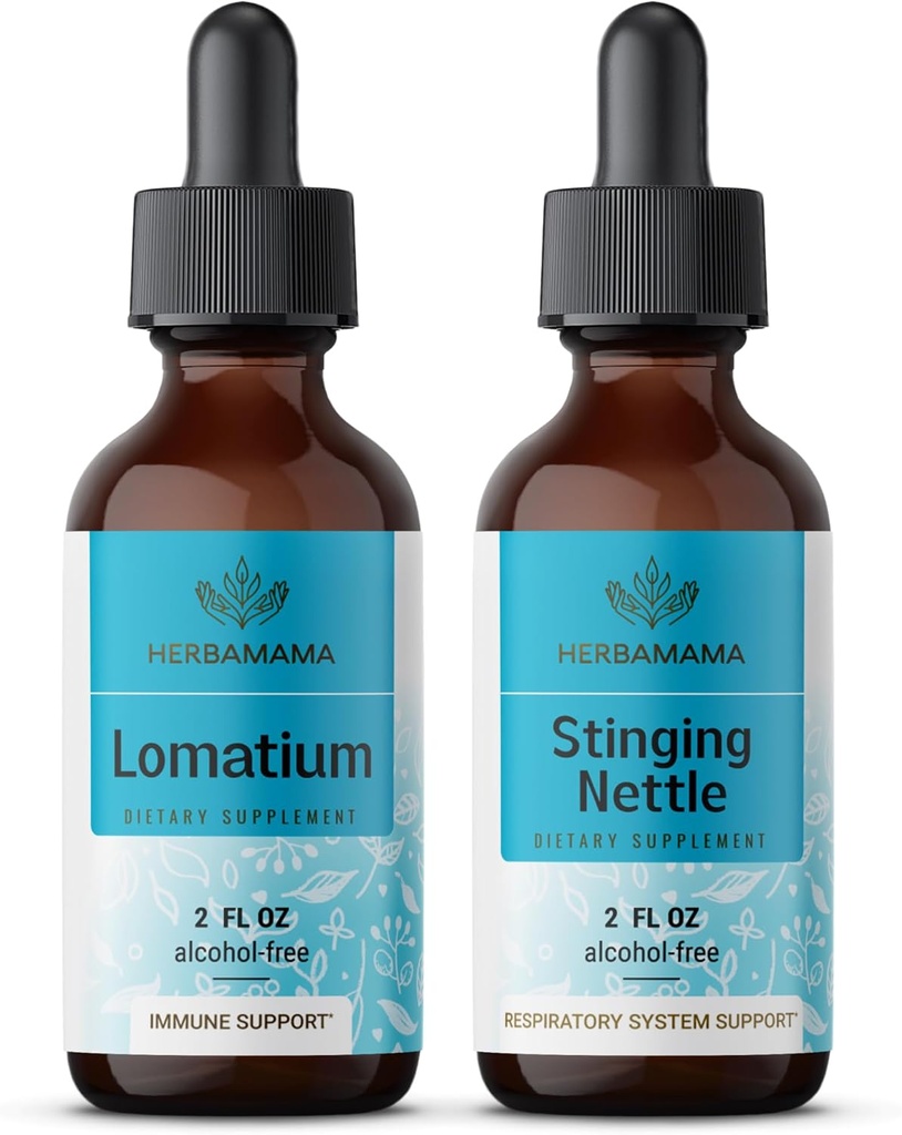 HERBAMAMA Herbal Liquid Drops Kit - Bundle of Lomatium Root Extract and Stinging Nettle Tincture 2 fl oz - Vegan, Non-GMO, Sugar & Alcohol-Free - 2 Pack