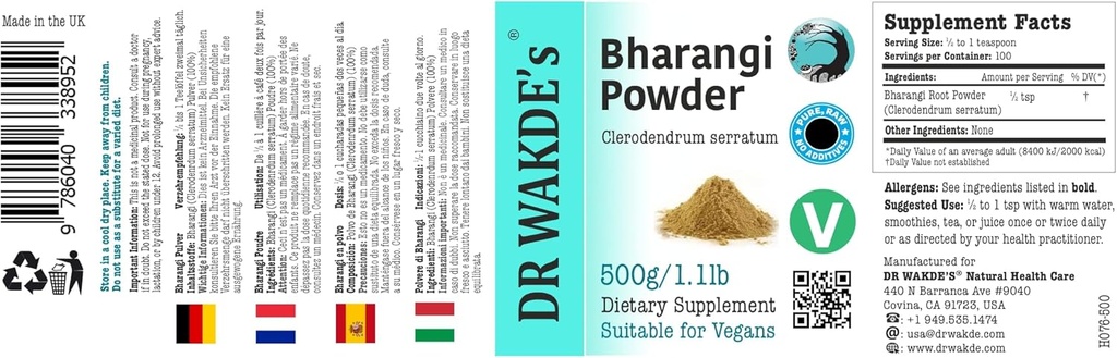 DR WAKDEのBharangiの粉(Clerodendrum serratum) - 500g (1.1lb) | 純粋で、未加工及び乾燥された粉 | 自然な香りおよび新鮮さ | よい粉 | 完全粉 | 完全菜食主義者の | 完全菜食主義者の等級 | 加えられるものは取除きます