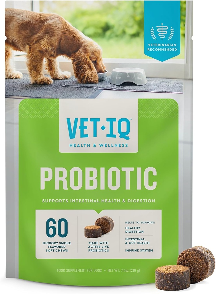 犬のためのVetIQ Probioticサプリメント, 犬のための消化サポート, 栄養ガット菌とサポート腸機能, ヒッコリー煙風味, 米国製, 60 カウント