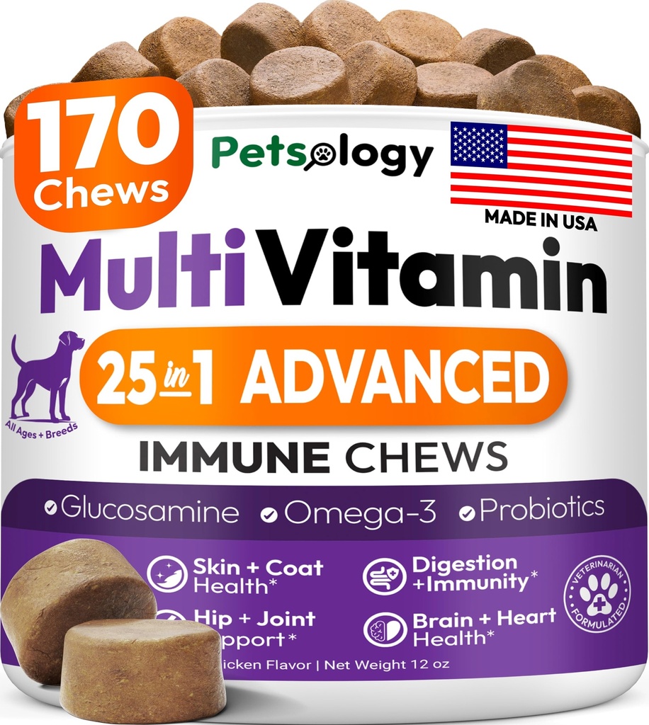 犬マルチビタミンChewable - グルコサミンと犬のビタミンとサプリメント - 170咀嚼 - ヒップ&ジョイント、ペット免疫サポート、スキン&コート、ガット&ハート健康 - シニア&パピーマルチビタミンペットサプリメント