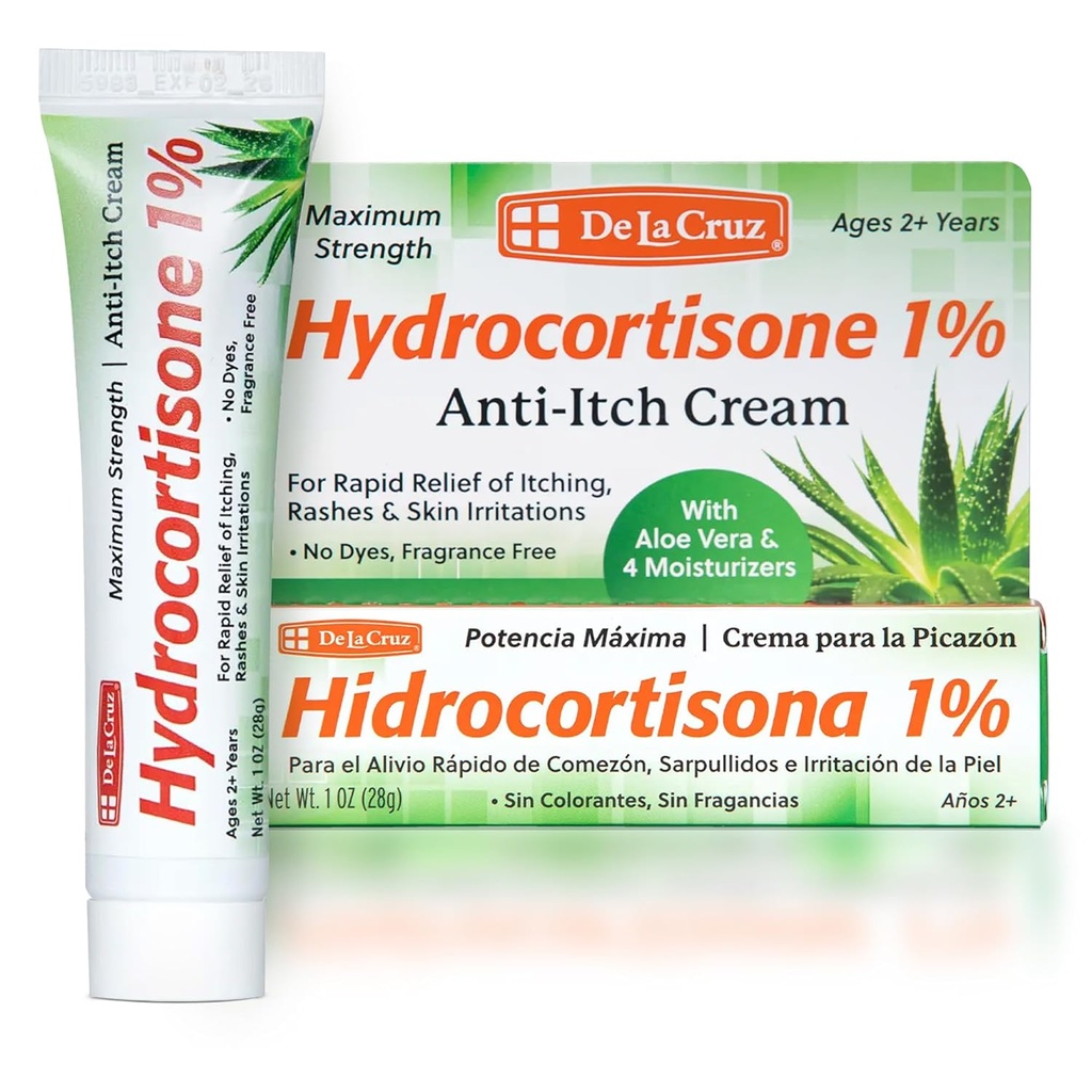 De La Cruz 1% Hydrocortisoneクリーム - 最大強度 - アロエベラと乾燥肌、赤み、皮膚炎、Eczemaと発疹のための保湿剤 - 1 OZ(28g)