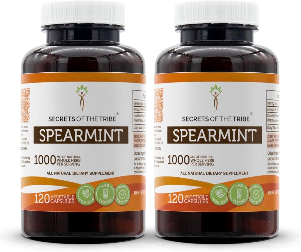 Tribe Spearmintカプセルの秘密 1000 mg Spearmint(Mentha spicata)ドライリーフ、女性のホルモンサポートサプリメント(2x120カプセル)