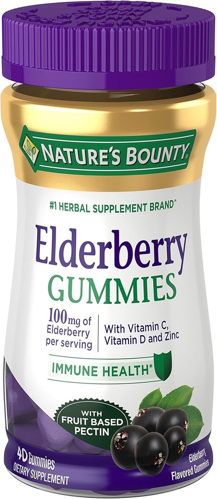 Nature's Bounty Elderberry Gummies、免疫サポート、ビタミンA、C、D、E、亜鉛、40ガミーが含まれています