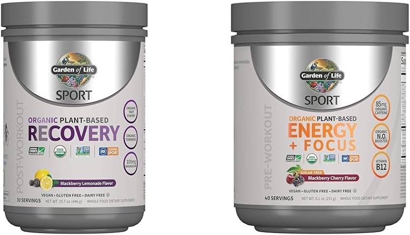 ライフビーガン有機植物ベースのポストワークアウト回復パウダー、30サービング、15.7 Oz&プレワークアウトエネルギーパウダー、40サービング、8.14 Ozバンドル