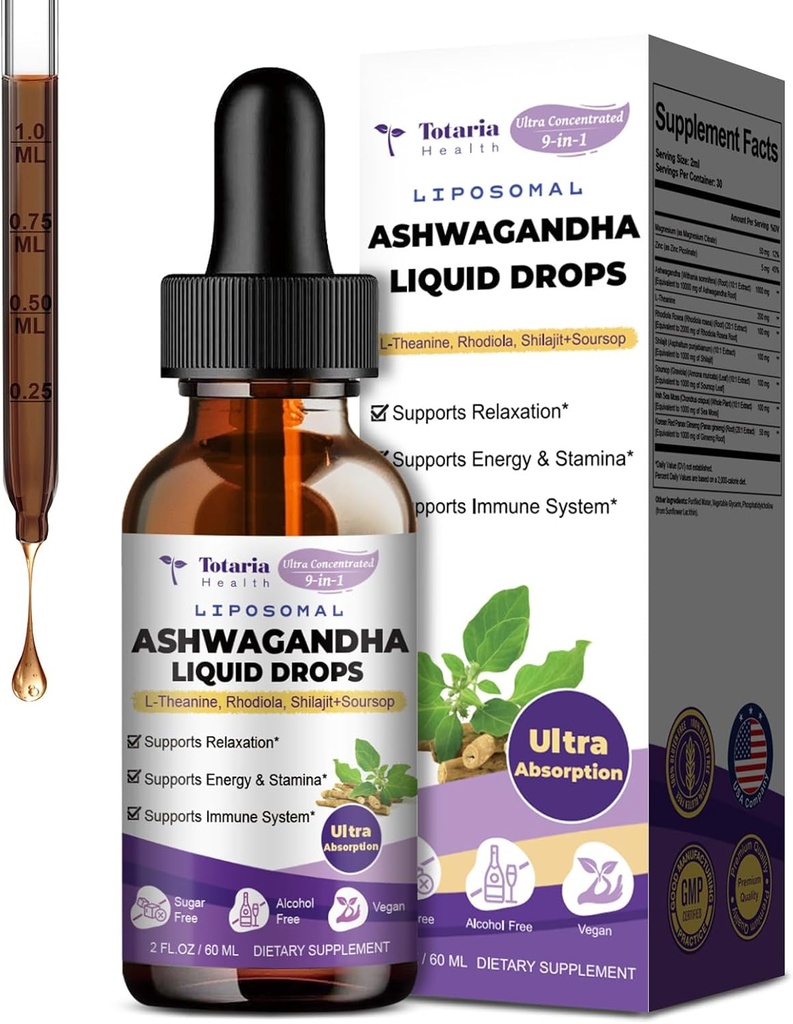 Totaria Liposomal Ashwagandhaの液体の低下w/Shilajit、マグネシウム、Soursop、L-Theanine、超Extactのashwagandhaの根のエキス  7%のアダノライド  アルコールフリー | 非GMO | 男性と女性のための