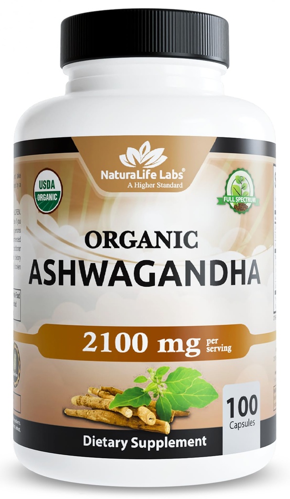 NaturaLife Labs Organic Ashwagandha 2100 mg/サービング – ルートパウダー&エキス – 100カプセル – ビーガン, 非GMO, グルテンフリー
