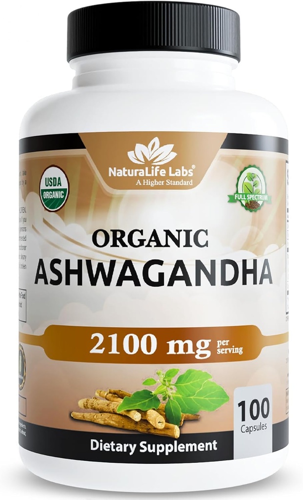 NaturaLife Labs Organic Ashwagandha 2100 mg/サービング – ルートパウダー&エキス – 100カプセル – ビーガン, 非GMO, グルテンフリー