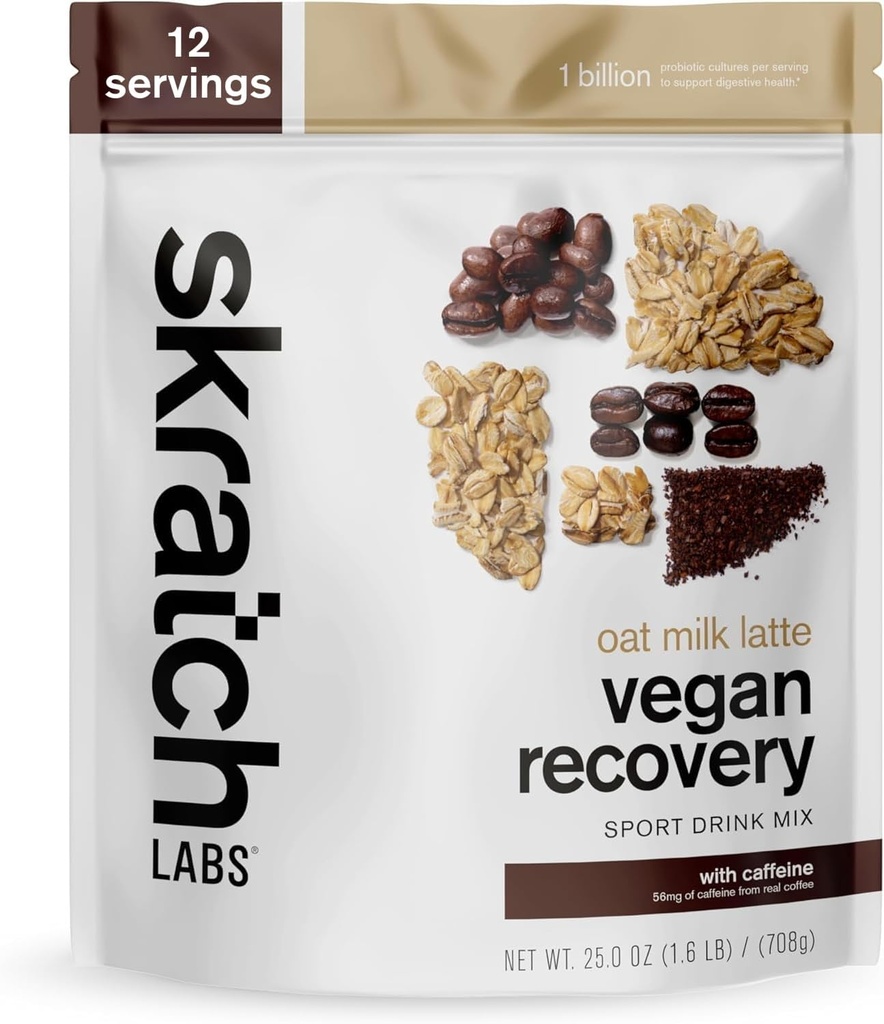 Skratch Labs Recovery Drink Mix - Oat Milk Latte - Post Workout Powder - Complete Plant Protein and Probiotics - 56mg of Caffeine from Coffee - 12 Servings - Gluten Free, Kosher, Non-GMO