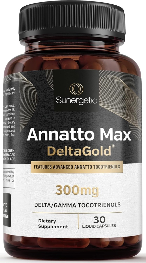 Sunergetic Premium Annatto Tocotrienol Supplement - DeltaGold - Tocotrienols Vitamin E 300mg - 肝臓、免疫、心臓の健康をサポート - デルタ+ガンマトコトリエンロール(30液体カプセル)
