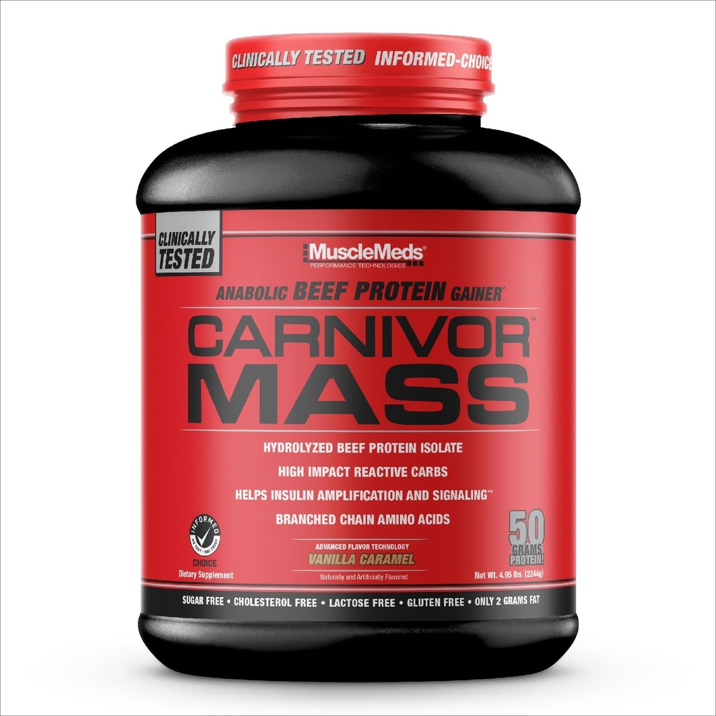 MuscleMeds CARNIVORの固有ビーフの蛋白質の隔壁、50グラム蛋白質、125グラムの炭水化物、0脂肪、0砂糖、乳糖は、バニラキャラメル、5ポンド放します