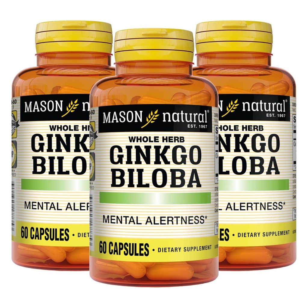MASON NATURAL Ginkgo Biloba, 3ヶ月の供給, 精神的な警戒を改善するのに役立ちます & 最適な脳機能をサポート, 60カプセル (3パック)
