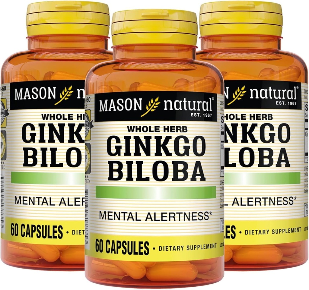 MASON NATURAL Ginkgo Biloba, 3ヶ月の供給, 精神的な警戒を改善するのに役立ちます & 最適な脳機能をサポート, 60カプセル (3パック)