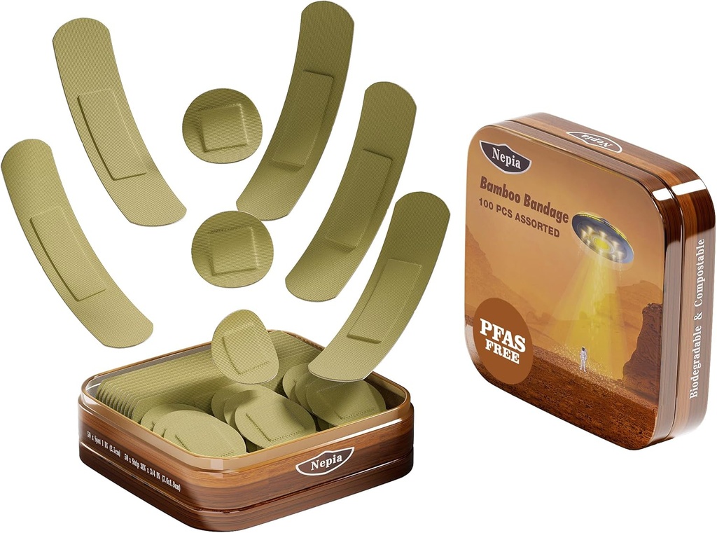 Nepia Hypoallergenicのタケ生地は形の包帯を分類しました | PFASは放します及び乳液は放します | 敏感な皮及びスクレープのための環境に優しいCompostable Bandaids | 適用範囲が広い生地の家族のパック (100 の計算)