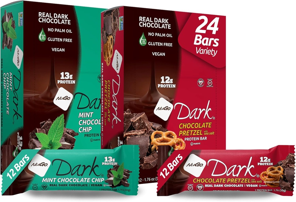 NuGo Dark Variety - Chocolate Pretzel 12 Bars & Mint Chocolate Chip 12 Bars, 12-13g Protein, Vegan, Gluten Free, Non-GMO, Kosher Pareve, 24 Count