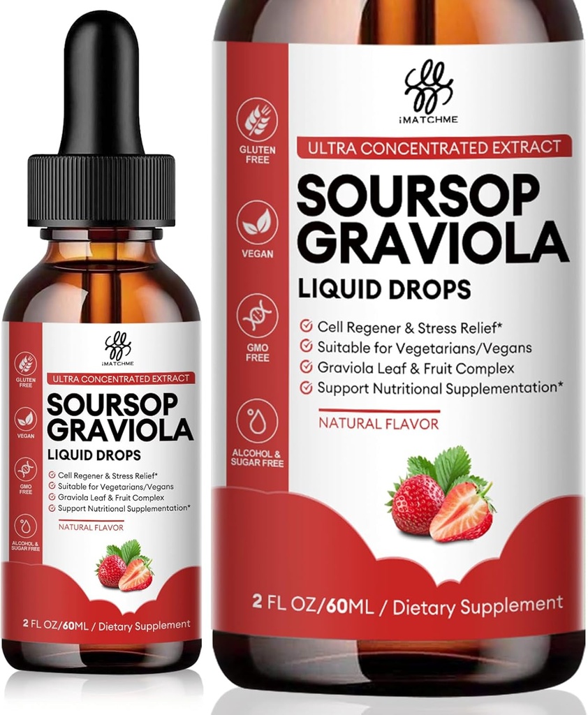 iMATCHME Soursop Graviolaの液体の低下、Soursopのビターの液体、自然なSoursopの葉及び全体的なウェルネス、砂糖/カフェイン/グルテンフリー、いちごの味、2 Fl Ozのためのフルーツの複合体