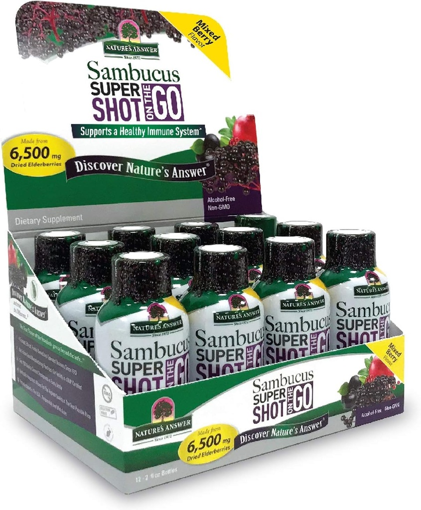 Nature's Answer Sambucus免疫旅行ショット(12パック)Elderberry on the Go. 2oz. アルコールフリーの非GMO Sambucusブラックエルダーベリー飛行機/旅行ショット