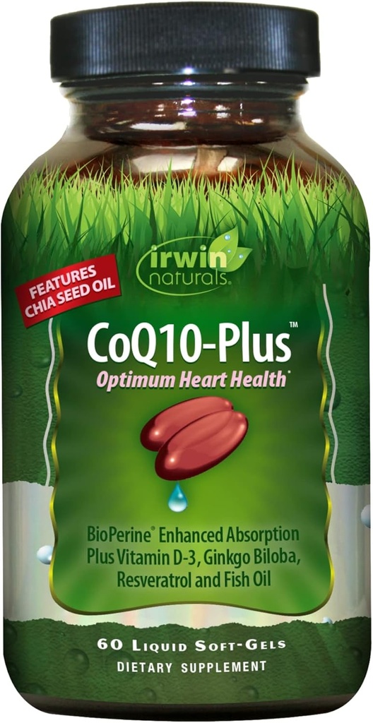 IrwinのNaturals CoQ10プラスの最適中心の健康、Chiaの種油、60の液体の柔らかいゲルが付いている高められた吸収