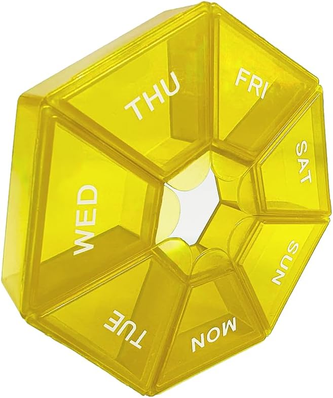 ピルオルガナイザー、小さなピルボックス、イエローピルケース、ウィークリーピルオルガナイザー、薬用ピルオルガナイザー1日1回、ピルコンテナ、ピルホルダー、毎日のピルオーガナイザー旅行ピルオーガナイザー7日