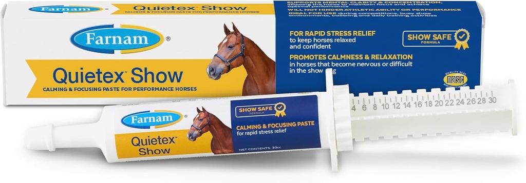 Farnam Quietex Show Calming & Focusing Pasteは、ショーリング30ccでNervousになる馬のカルムを保ち、リラックスさせました