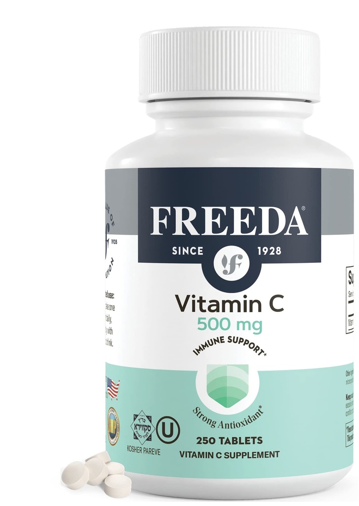 FREEDAビーガンビタミンC 500mg - Kosher免疫サポート&抗酸化剤 - ヘルシー肌と髪を維持するのに役立ちます、鉄の吸収をサポート - 無グルテン、無乳糖、人工味や色 - 250錠