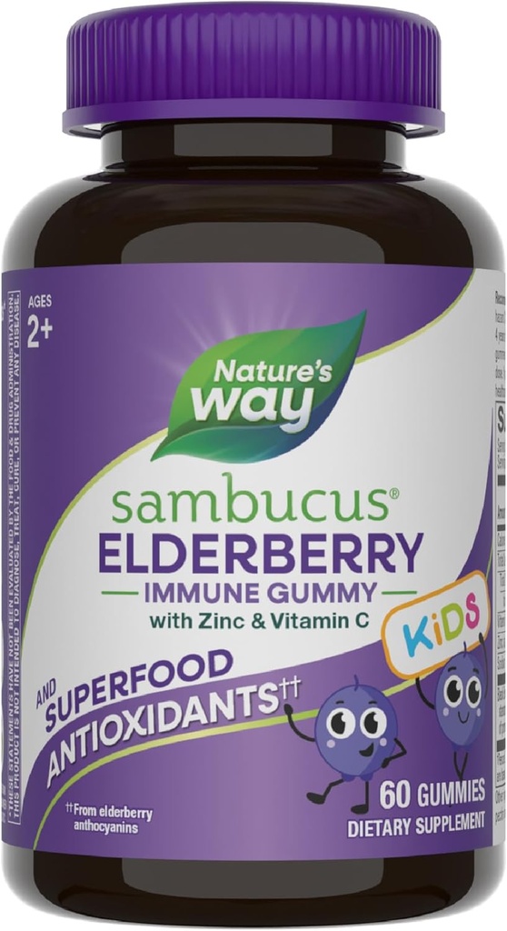 Nature's Way Sambucus Elderberry Immune Gummies for Kids、Immune Support Gummies*、Black Elderberry Extract、ビタミンC、亜鉛、60 Gummies(パッケージ5月Vary)