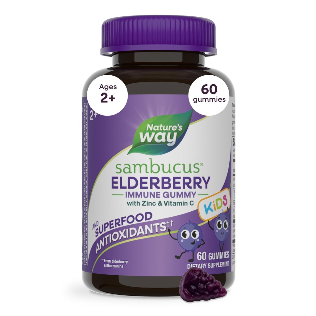 Nature's Way Sambucus Elderberry Immune Gummies for Kids、Immune Support Gummies*、Black Elderberry Extract、ビタミンC、亜鉛、60 Gummies(パッケージ5月Vary)