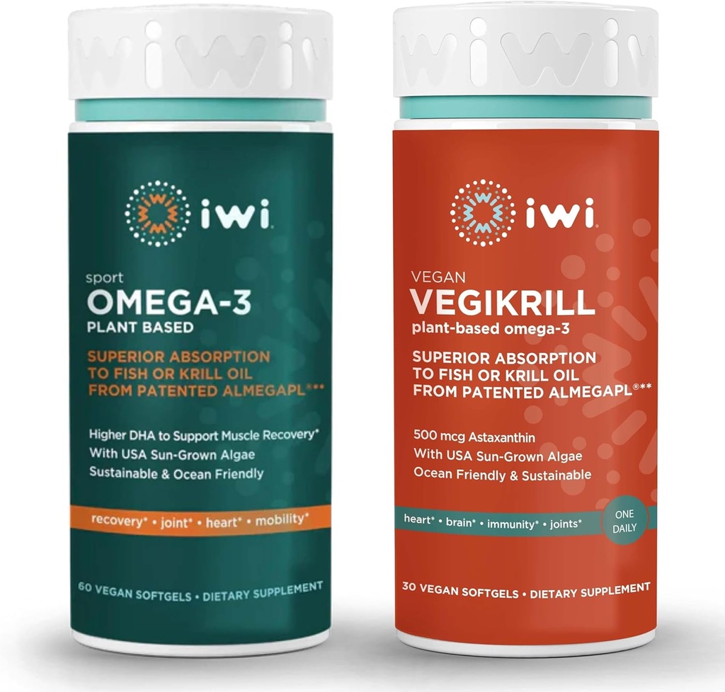 iwi Omega-3スポーツ&ベジキルオメガ-3バンドル、30サービング、ビーガン植物ベースの藻オメガ3 EPA + DHA、Krill&フィッシュオイルオルタナティブ、魚介のAftertasteなし