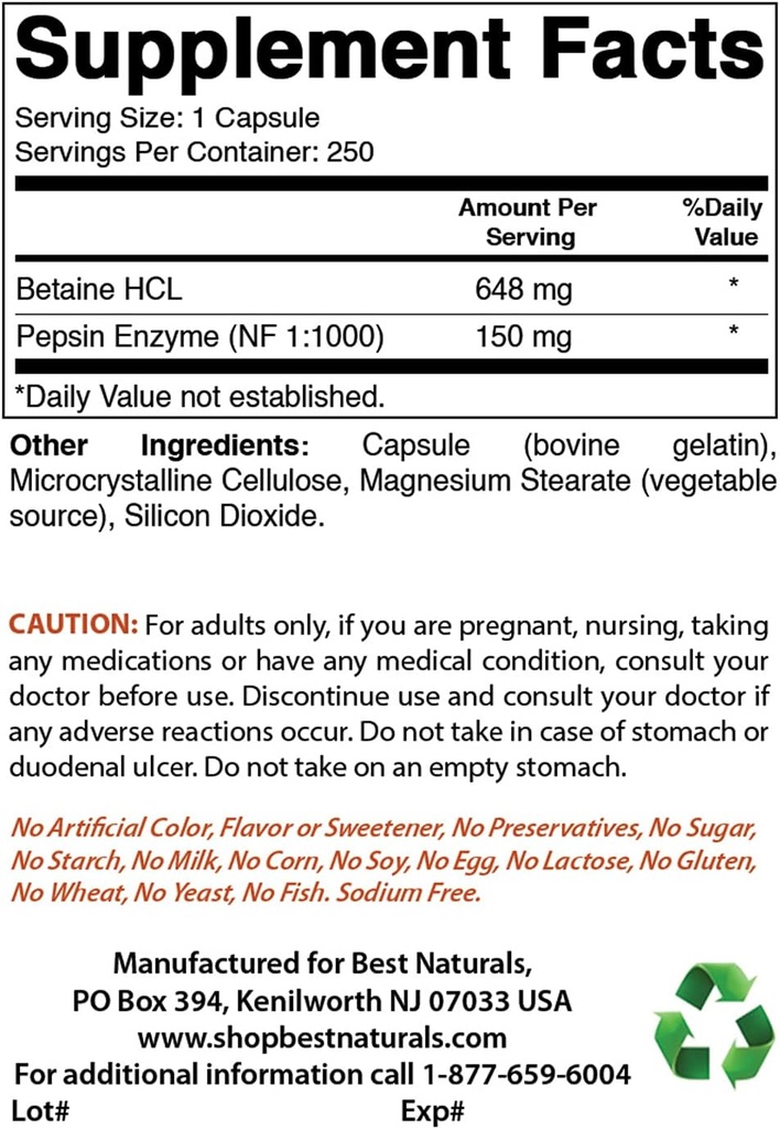 Best Naturals Betaine HCL 648 mg & Magnesium Chloride 520 mg