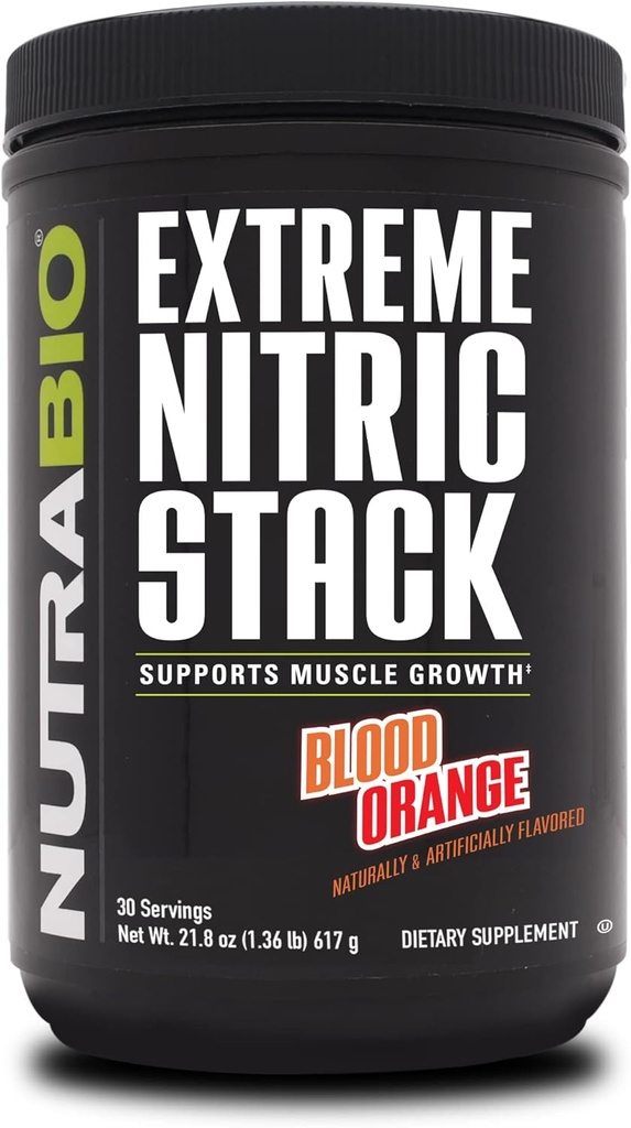 NutraBio Extreme Nitric Stack, Nitric Oxide and Cell Volumizing Formula- 30 サービング (ブロッドオレンジ)