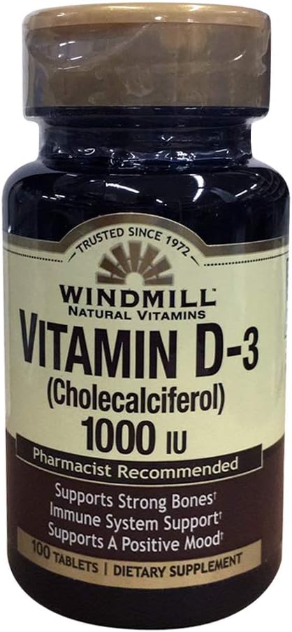 Windmillの自然なビタミンのビタミンD-3のCholecalciferol 1000IUの食事療法は100のタブレットを補います(2のパック)