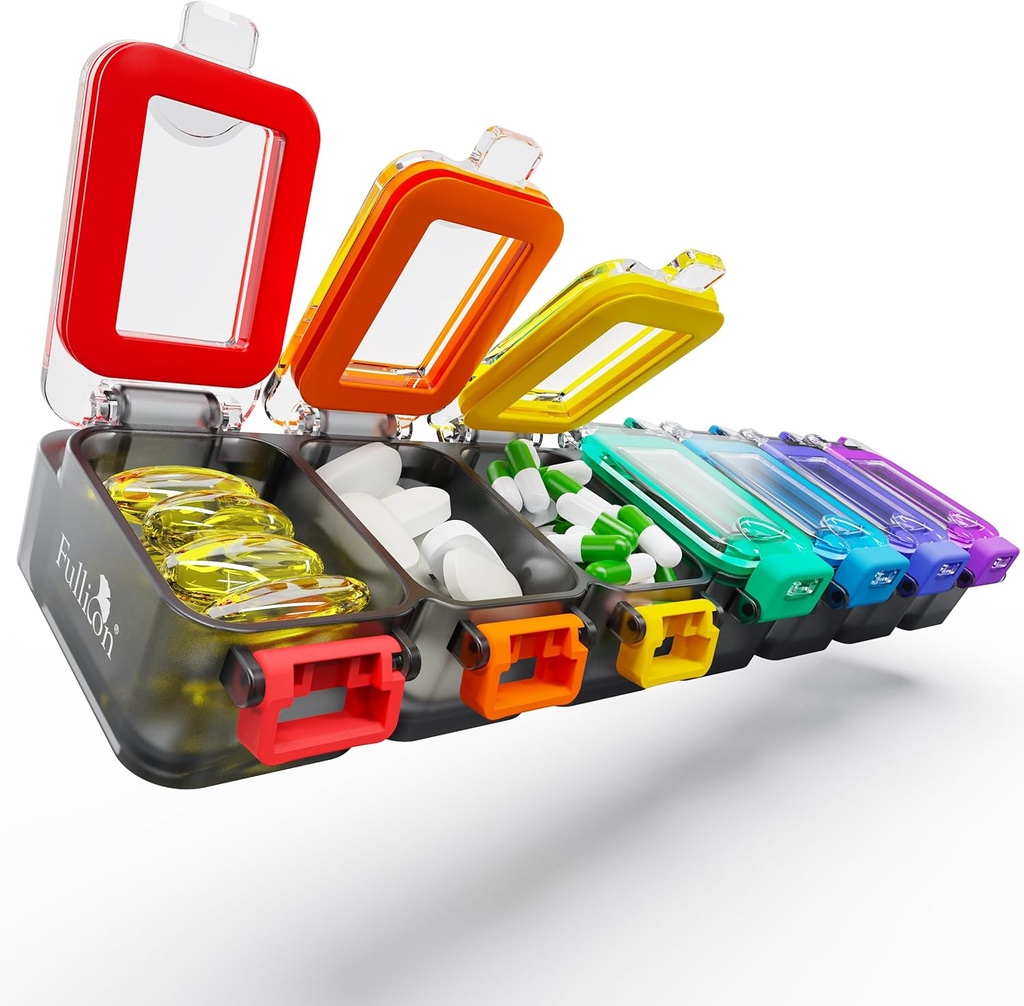 Fulliconの週刊の丸薬のオルガナイザー7日超湿気およびこぼれの証拠の毎日の丸薬箱、安全なバックルが付いている大きい薬箱、Pill、ビタミン及び魚油(虹の黒)のための密集した旅行丸薬の容器