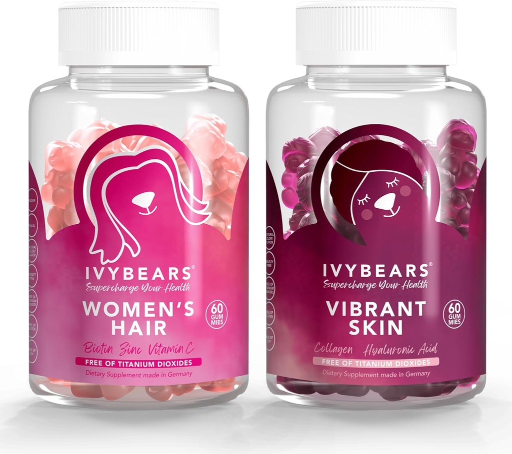 IvyBears® 女性のヘア&スキンバンドル – バイオチンと毛の成長のグミ & コラーゲン + ヒアルロン酸のビタミン & VERISOL – ビーガンビューティーサポート – 2-パック