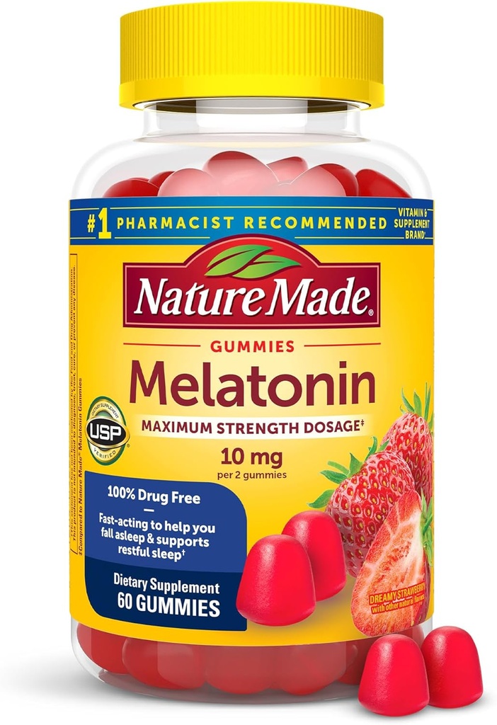 Nature Made Melatonin 10mg per serving Gummies, Maximum Strength Dosage, 100% Drug Free Sleep Aid for Adults, 60 Melatonin Gummies, 30 Day Supply