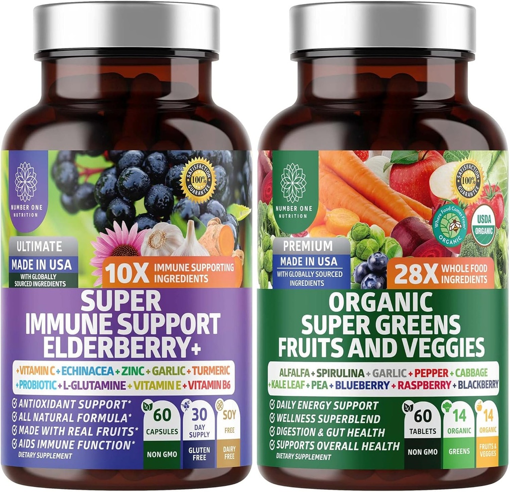 N1N Premium Organic Super Fruits & Veggies + Immune Support [38 Powerful Ingredients], Natural Super Greens Supplement with Alfalfa, Vitamins & Minerals, Zinc, Turmeric and Probiotic, 120 Caps
