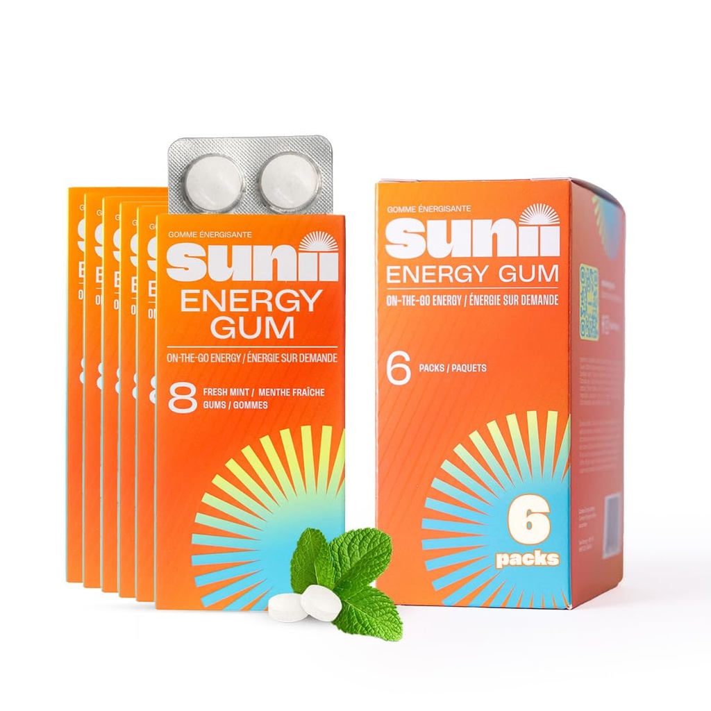 Sunii - エネルギーガム - 新しいクイックブーストエネルギー&フォーカス - 50mgカフェインガム -ビタミンB6&B12、タウリン、ビーガン、砂糖、ゼロカロリー、新鮮なミント味 - 咀嚼、飲み物、ゲル&ピル(48pcs)よりも高速