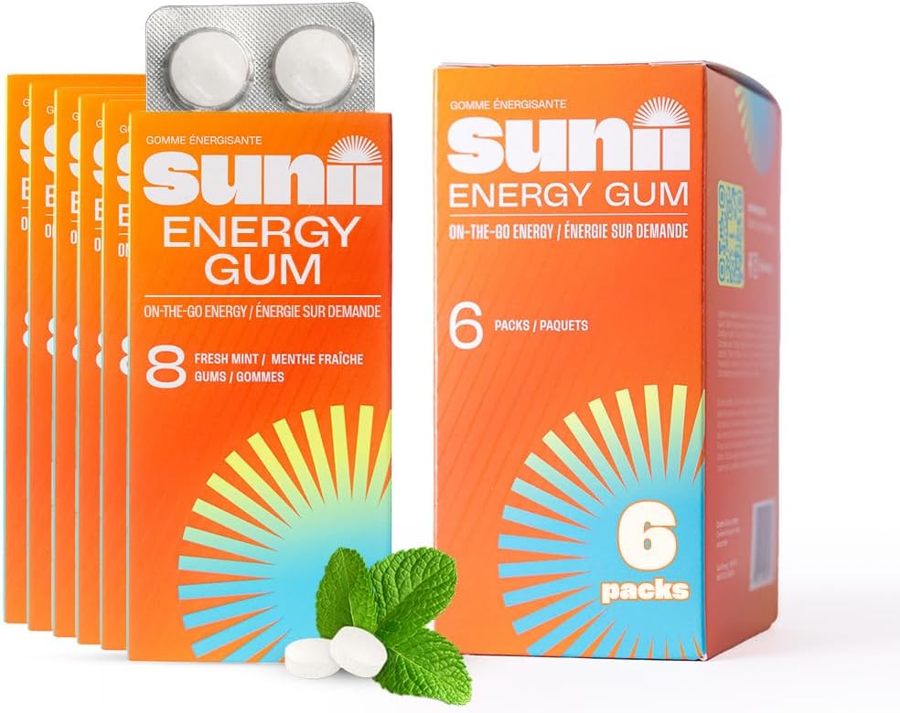 Sunii - Energy Gum - NEW Quick Boost Energy & Focus - 50mg Caffeine Gum -Vitamins B6 & B12, Taurine, Vegan, No Sugar, Zero Calorie, Fresh Mint Taste - Faster than Chews, Drinks, Gels & Pills (48pcs)