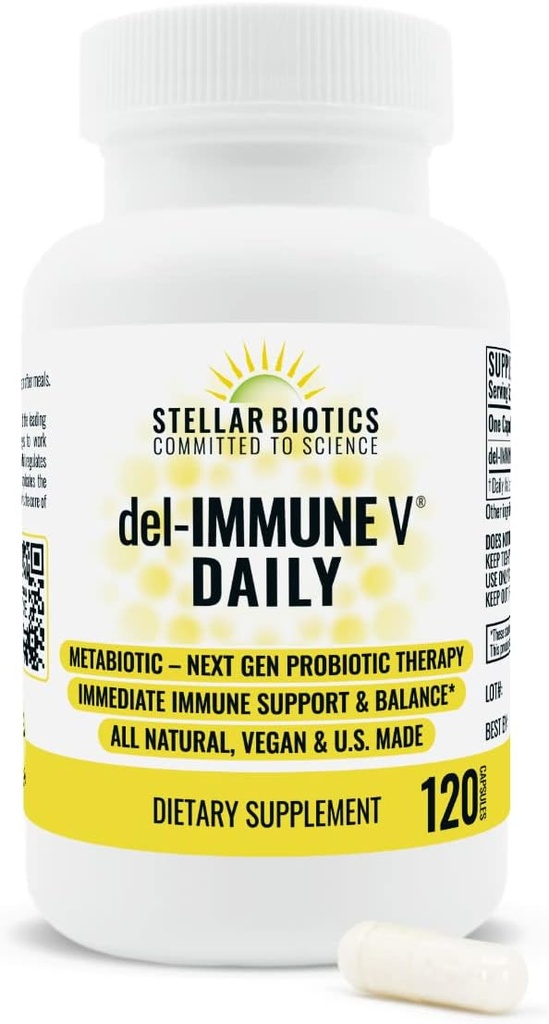 Del-Immune V® デイリー by Stellar Biotics, All-Natural Immune Support & Gut Health, Immediate Care, Metabiotic: NextGen Probiotic Therapy (120キャップ)
