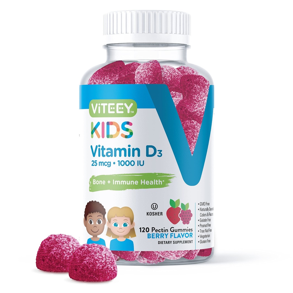ViteeyビタミンD3キッズガミー25mcg 1000 IU - 骨の健康、免疫の健康、共同筋肉サポート - ベジタリアン、ゼラチン無料、グルテンフリー、GMO無料 - おいしいChewableベリー風味