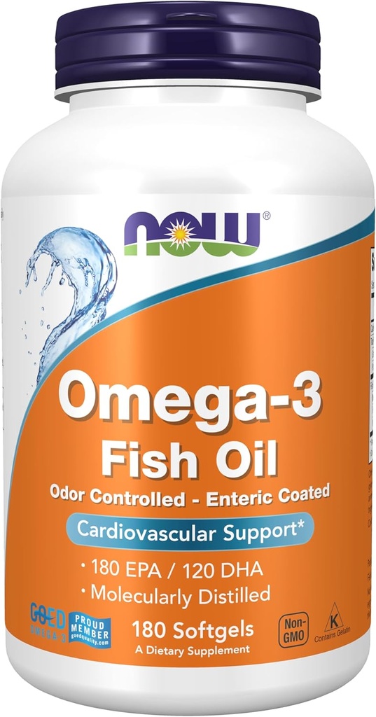 NOW Foodsは、Omega-3 180 EPA/120 DHA、エンティックコーティング、心血管サポート*、180 Softgelsを補います