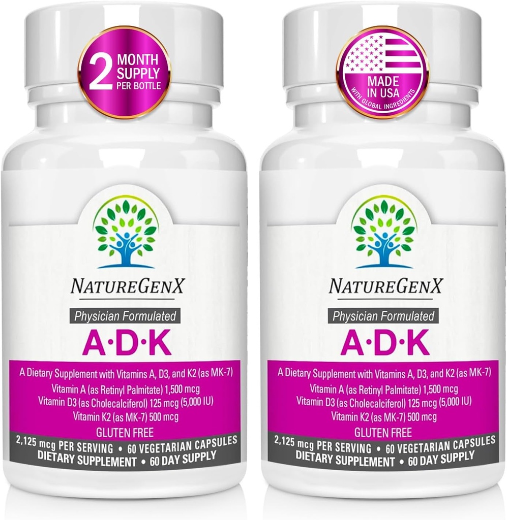 ADKビタミンサプリメント - 高効力ビタミンA、D3、K2、グルテンフリー、60カプセル(パッケージ2)で骨の健康を強化