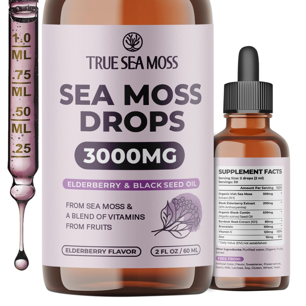TrueSeaMosss アイルランド海苔ドロップ - 5X より強いより海の苔ゲル - 92+ エッセンシャルミネラル - ブラックエルダーベリー、ブルドックルート&ブラッククミン - 2 Flオズ(60ml) - エルダーベリー味