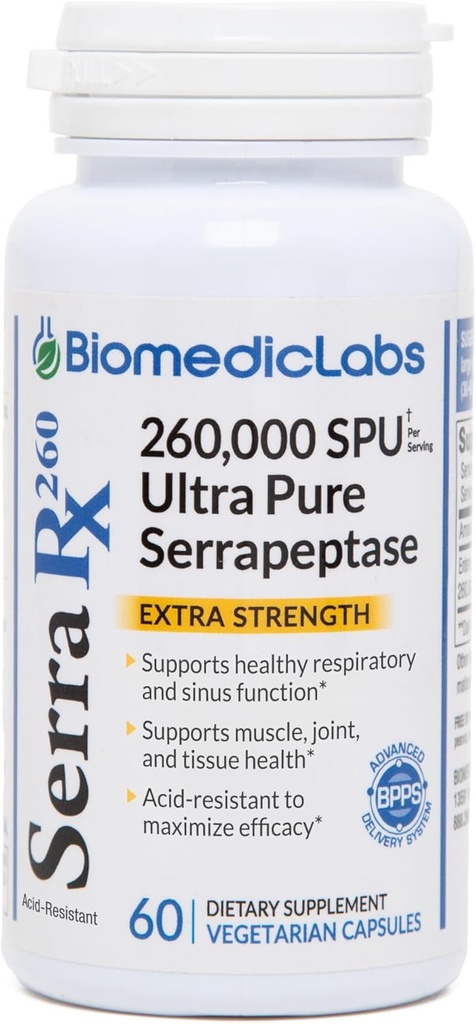 Serra-RX 260,000 SU Serrapeptase -Acid-Resistant Proteolytic Systemic Enzyme, Non-GMO, Gluten Free, Vegan, Supports Sinus, Immune & Lung Health, 60 Veg Capsules