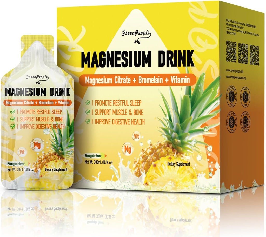 GREENPEOPLE 7-in-1マグネシウムのクエン酸塩の液体、マグネシウムのクエン酸塩は280mgマグネシウム、亜鉛、Bromelain、ビタミンC D3 B6、子供及び大人のための筋肉及び睡眠サポート、1 fl.Oz (10PC)と飲み物を補います