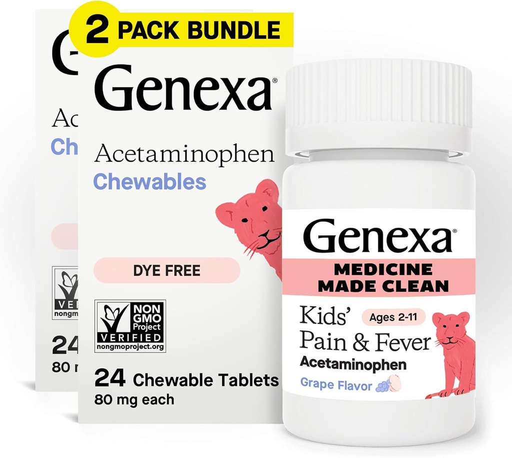 Genexaの子供のきれいな苦痛及び熱心なアセトアミノフェンのChewables、染料は自由、0%の人工的な添加物、おいしいブドウの味、子供のためのChewable薬2-11、タブレット、48ct (2パック)ごとの80のmg