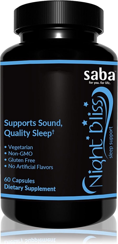 Saba Night Bliss ナチュラルスリープエイド | ノンハビットフォーミング | 長期スリープ&ストレスリリーフ w/Magnesium, メラトニン, GABA, カモミール, & バレリアン (60 ビーガンカプセル, 30 日の供給)