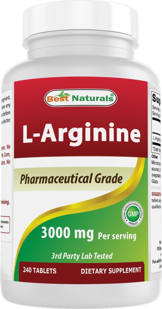 サービングごとのベストナチュラルL-アルギニン3000mg - 240錠 - 医薬品グレード - 非GMO&グルテンフリー - 米国製