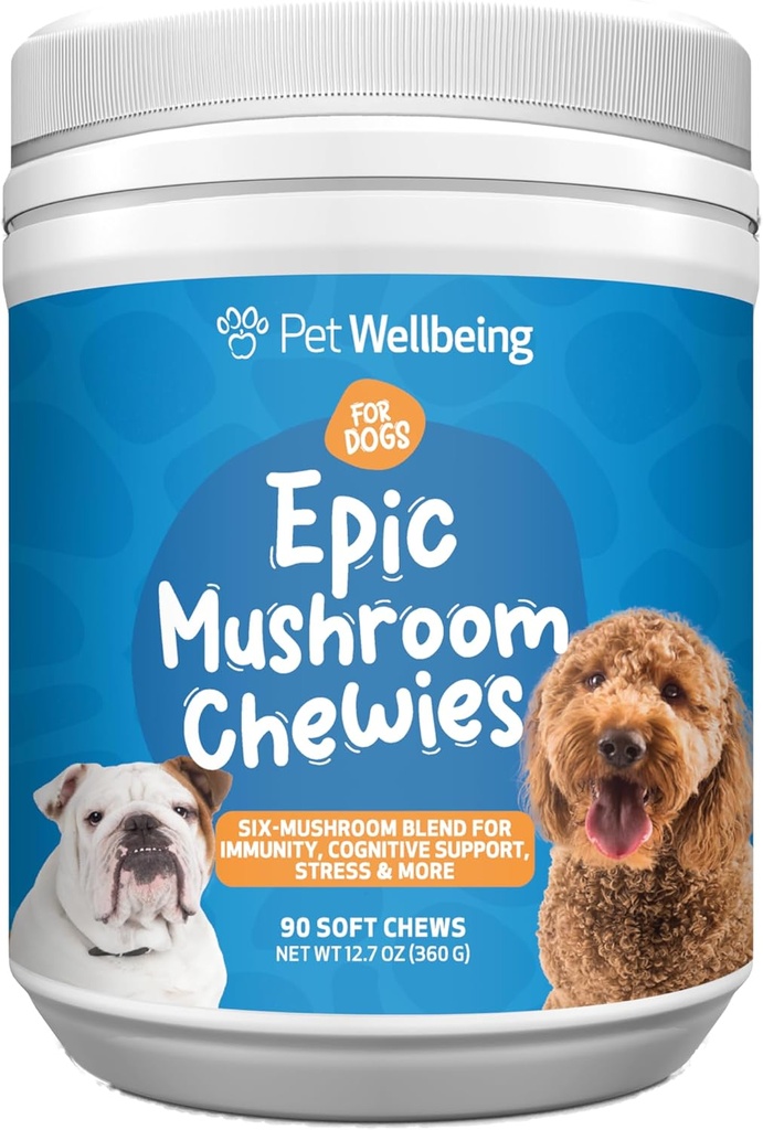 Pet Wellbeing Epic Mushroom Chewies for Dogs - Immune Support, Cognitive Health, Adaptogenic Stress Support with Reishi, Chaga, Lion's Mane Functional Mushrooms - Veterinarian-Formulated 90 Soft Chews