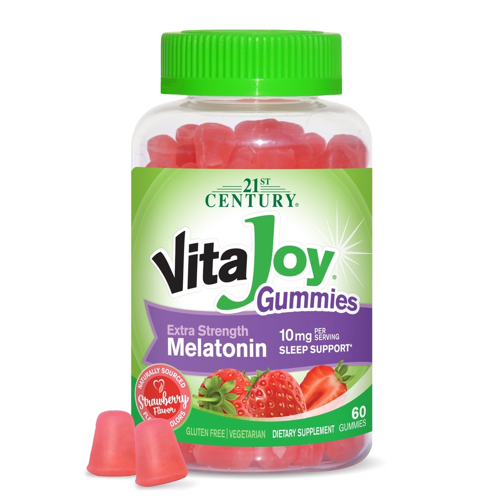 21st Century Healthcare VitaJoy Extra Strength Melatonin 10 mg Gummies, いちご, 60カウント, 赤, 0.43ポンド, (パッケージ 1)