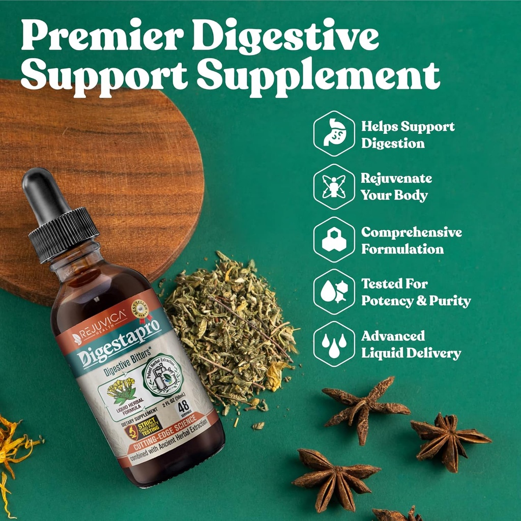Rejuvica Health DigestaPro - 高度な消化器ビターサプリメント - より良い吸収のための液体配達 - Gentian、Artichoke、Burdock、Chanca Piedra、ジンジャー&もっと! ...